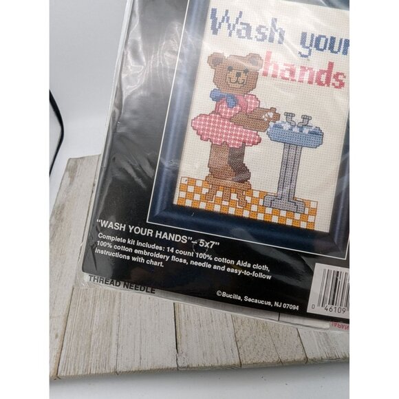 Bucilla Counted Cross-Stitch Kit "Wash Your Hands" 5"x7" Gallery Stitches Bear - Picture 4 of 7